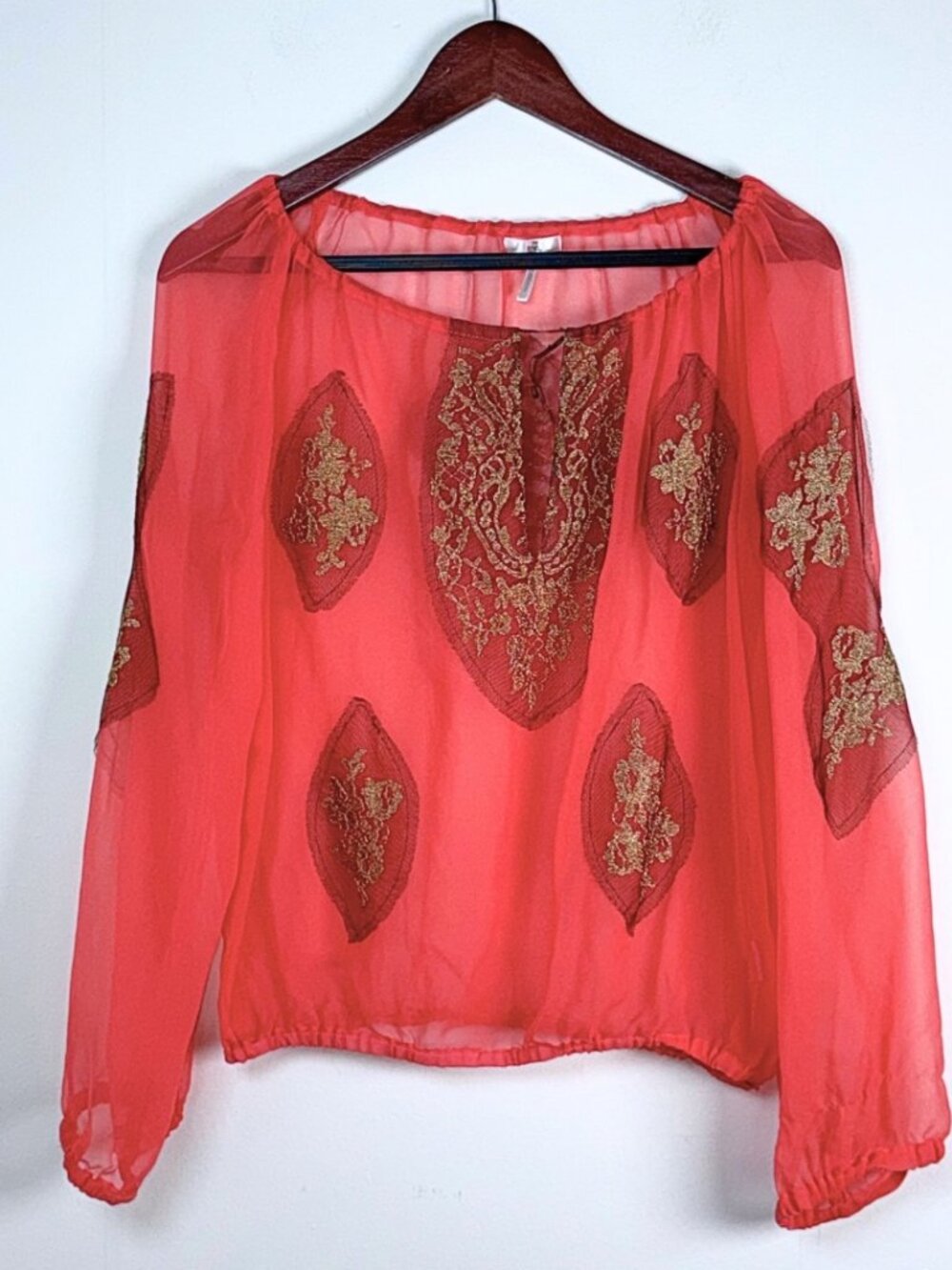 70s Boho Fairy Sheer Off Shoulder Mesh Coral Top Large Gold Embroidered Lace